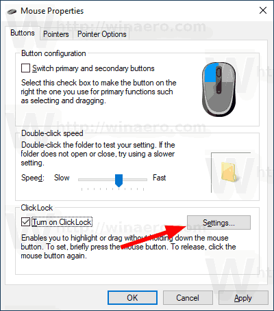 Windows 10 Mus ClickLock Settings-knappar