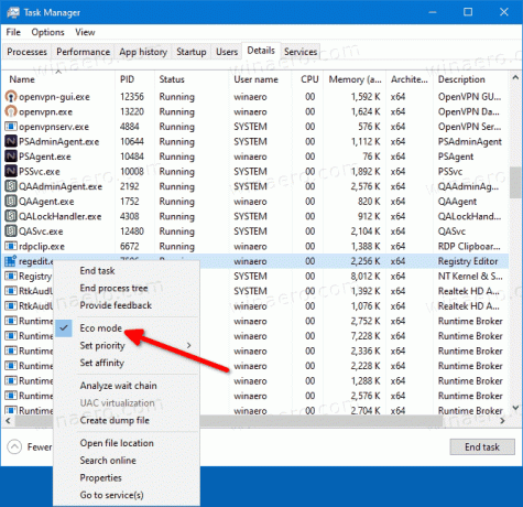 Windows 10 Activați modul Eco în fila Detalii