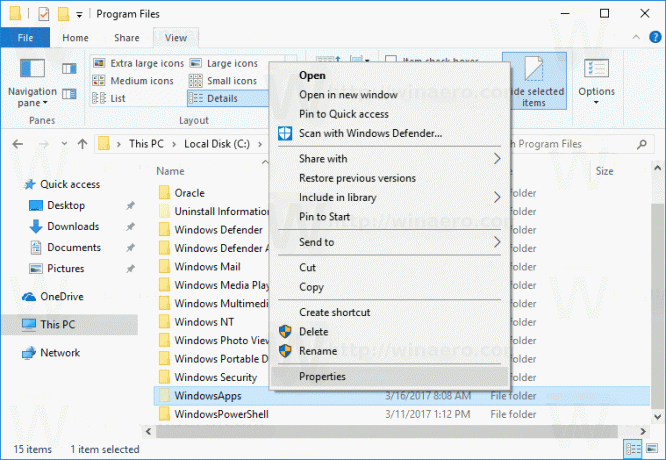 Kontekstni izbornik svojstava WindowsApps