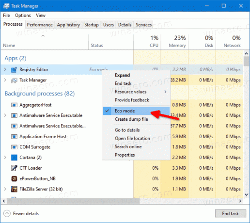 Windows 10 Dezactivați modul Eco în Managerul de activități