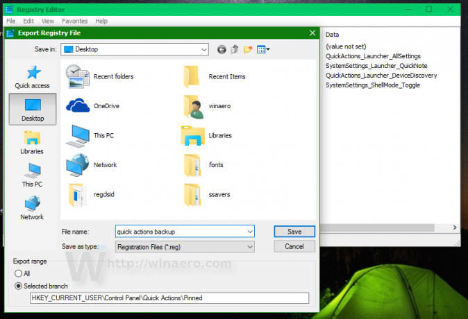 Datoteka varnostne kopije hitrih dejanj Windows 10