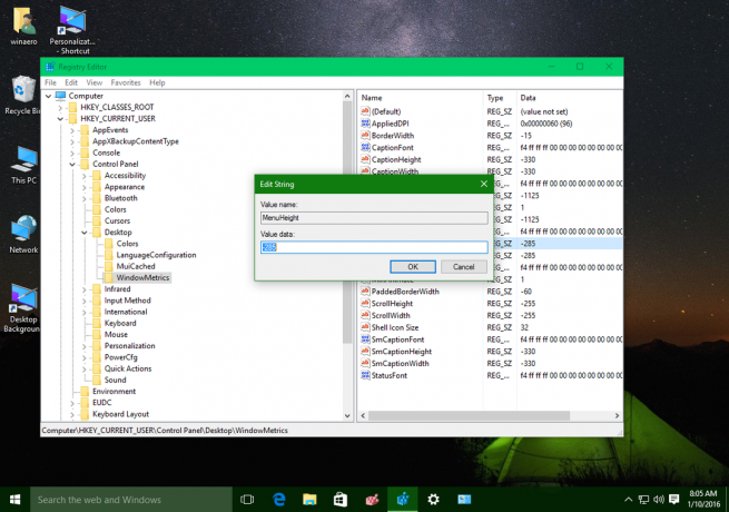 Windows 10 menüü kõrguse register