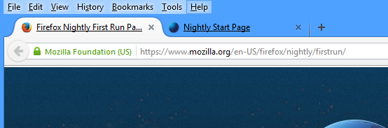 Hlavní nabídka nočního Firefoxu