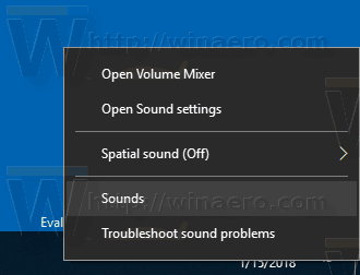 Menu kontekstowe ikony dźwięku systemu Windows 10