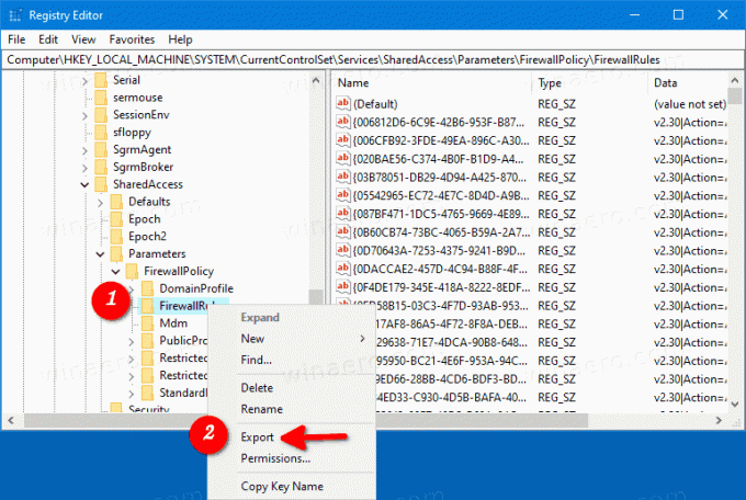 Windows 10 ugunsmūra noteikumi reģistrā