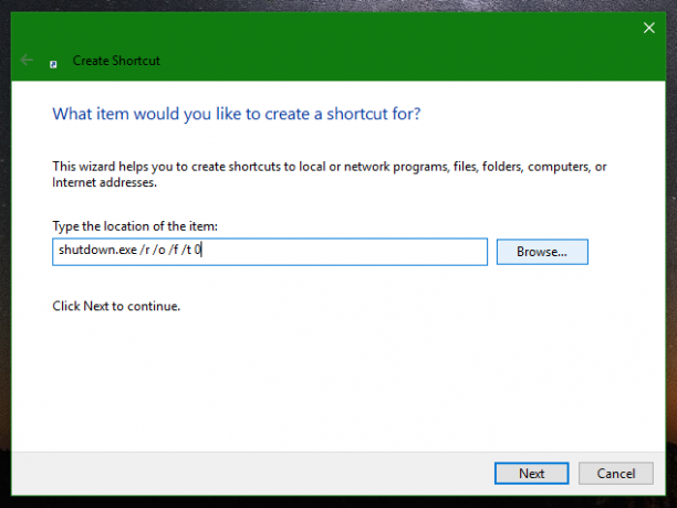 Windows 10:n lisäkäynnistysvaihtoehtojen pikakuvake