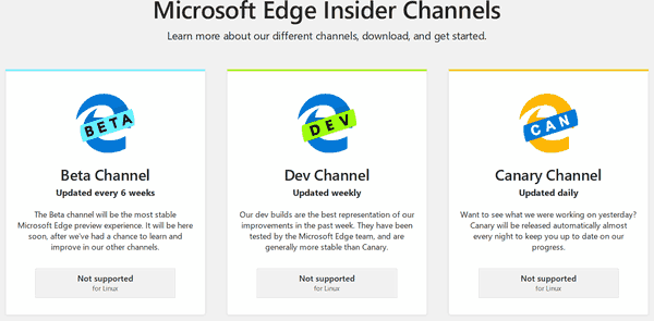 Microsoft Edge lejupielādes lapa Linux