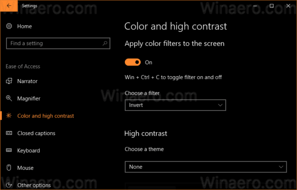 Windows 10 farvefilter anvendt