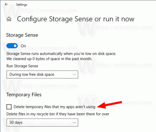 Atspējojiet Storage Sense, lai dzēstu pagaidu failus operētājsistēmā Windows 10