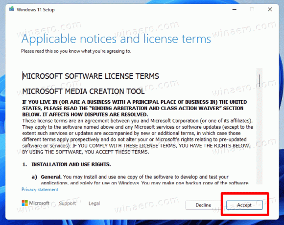 Orodje za ustvarjanje medijev Windows 11 Sprejmi licenco