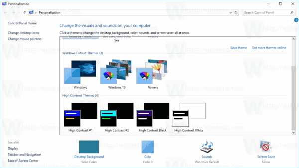 Windows 10 klassikalise isikupärastamise dialoog