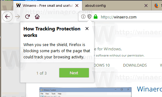 Firefox 62 Tracking Protection ჩართულია ფარის ხატულა