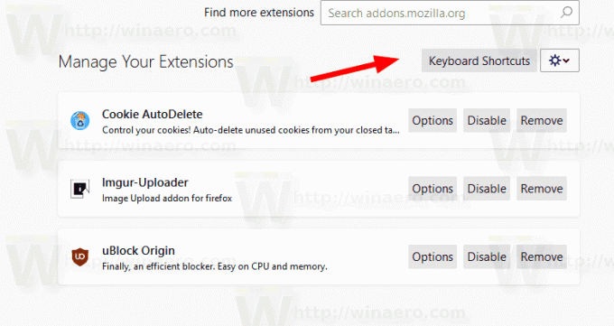 Página de atalhos de teclado do Firefox Add Ons Manager