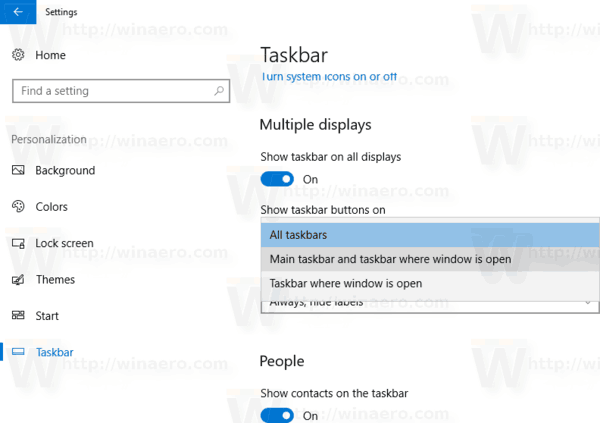 Скрыть кнопки панели задач на нескольких панелях задач в Windows 10