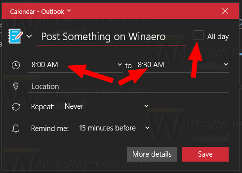 Časi dogodkov v aplikaciji koledar Windows 10