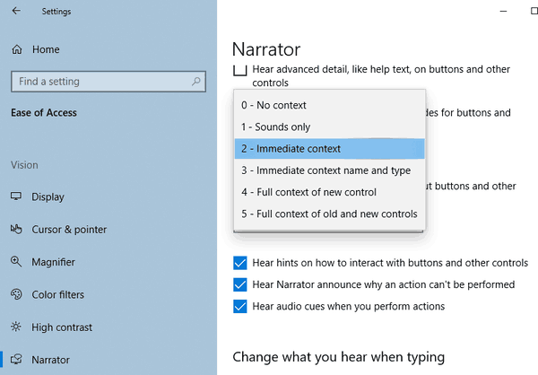 Windows 10 Зміна контексту диктора, рівень 2