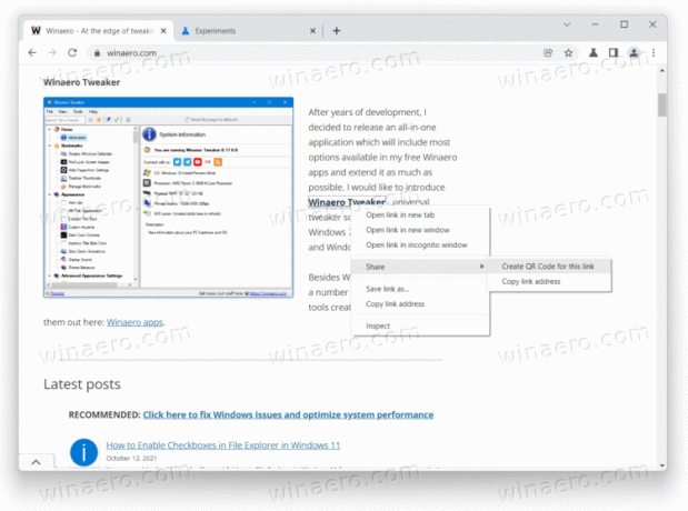 „Chrome“ QR generatorius pasirinktai nuorodai