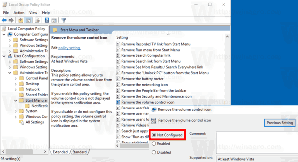 Windows 10:n äänenvoimakkuuskuvake poistettu käytöstä ryhmäkäytännön 2 kanssa