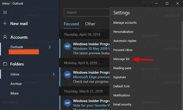 Nastavitve seznama poštnih sporočil Windows 10
