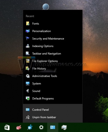 قوائم الانتقال الافتراضية لنظام التشغيل Windows 10