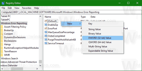 Izvješćivanje o pogreškama sustava Windows Stvorite novu Dword