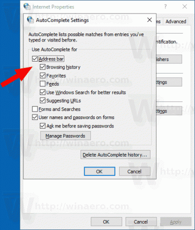 Windows 10 Internet-opties AutoSuggest