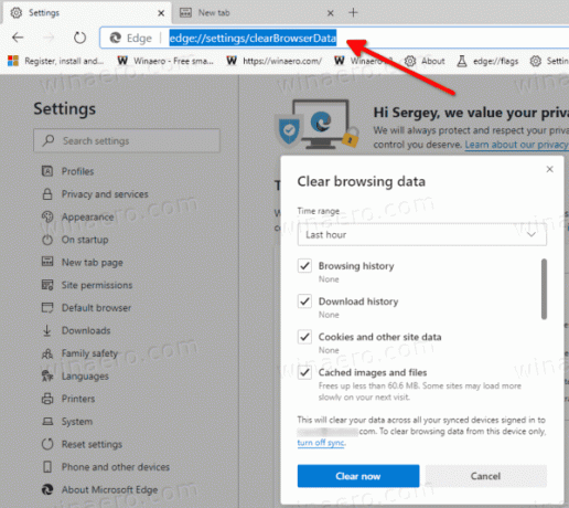 Limpar dados de navegação no Microsoft Edge Chromium com URL interno