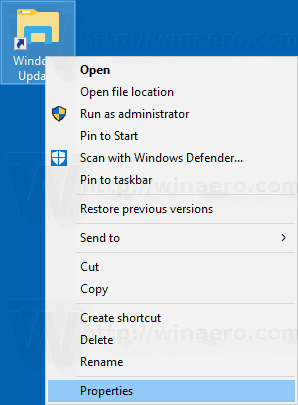 Контекстное меню Windows 10 для ярлыка Центра обновления Windows