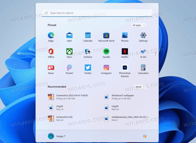 Příklad nabídky Start systému Windows 11