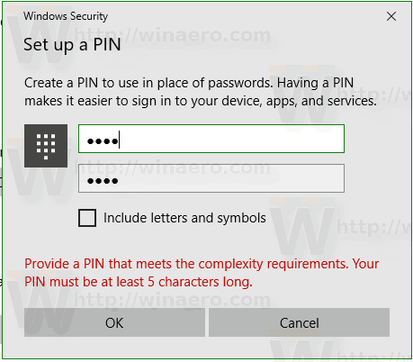 Požadavek na délku kódu PIN Windows 10