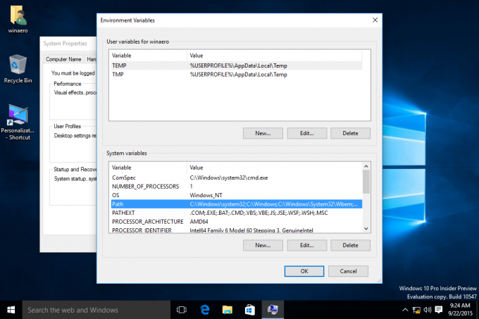 Windows 10 ortam değişkenleri yolu seçildi