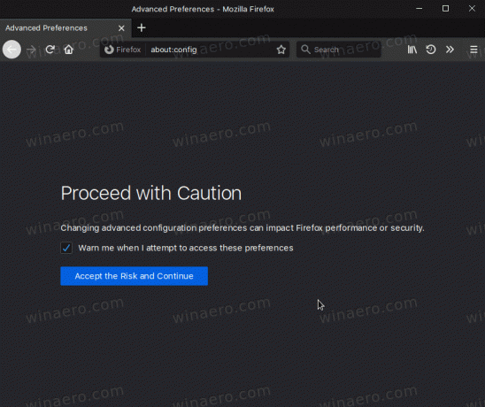 Firefox O upozorenju o konfiguraciji Budite oprezni Nastavite s oprezom