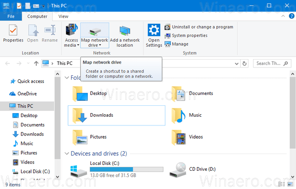 Лента Windows 10 Map Network Drive 