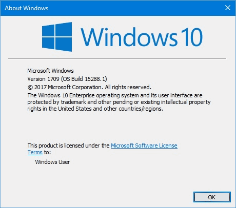 Windows 10 Build 16288 Winver