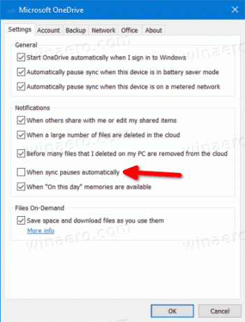 Desativar notificação de pausa automática de sincronização do OneDrive no Windows 10