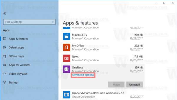ลิงก์ตัวเลือกขั้นสูงของแอป Windows 10