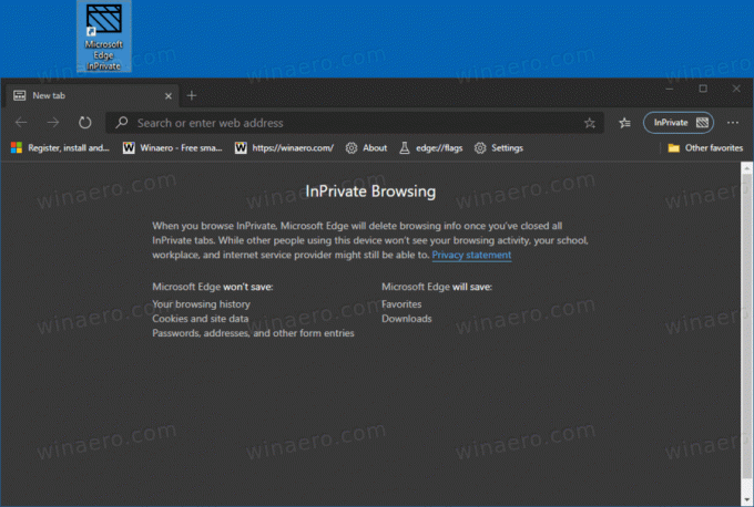 Bližnjica Microsoft Edge InPrivate v akciji