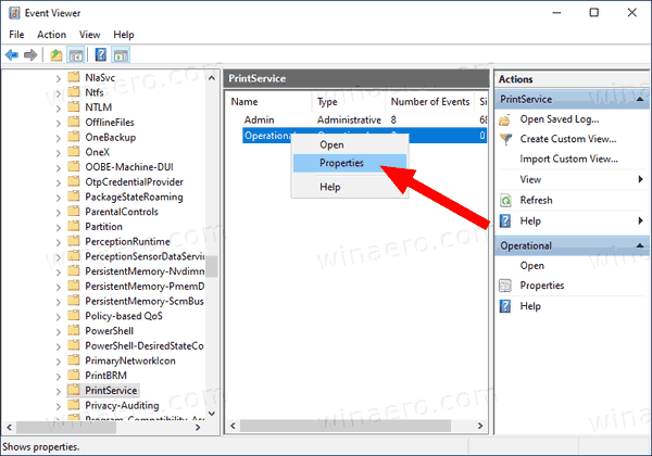 Windows 10 PrintService ऑपरेशनल इवेंट व्यूअर