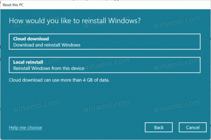 A Windows 11 visszaállításához válassza a Cloud Download lehetőséget