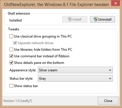 Snimka zaslona konfiguracijskog prozora OldNewExplorera