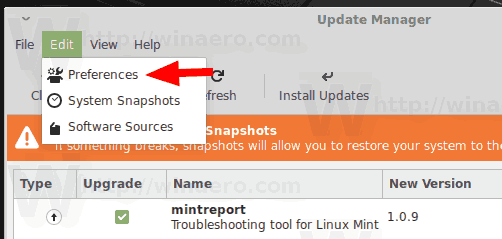 Preferências de edição do Mint Update Manager