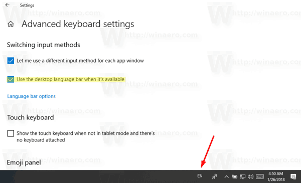 Языковая панель Windows 10 включена