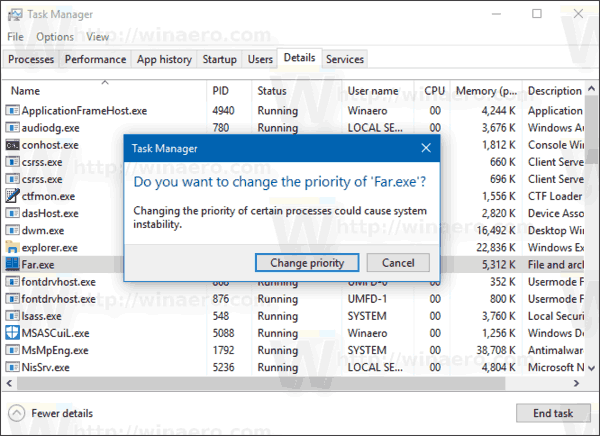 Confirmation de la priorité du processus de modification de Windows 10