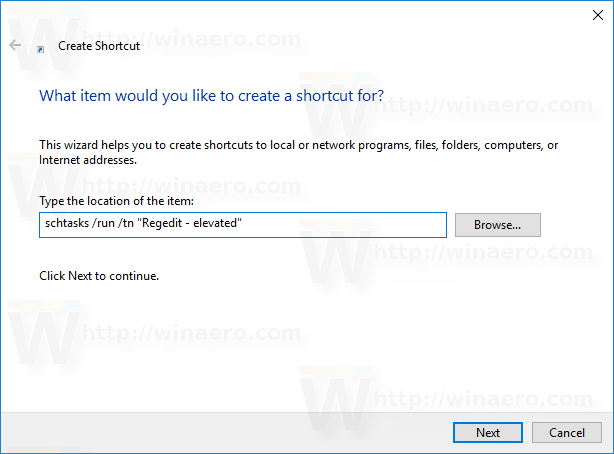 Cilj prečaca sustava Windows 10 schtasks