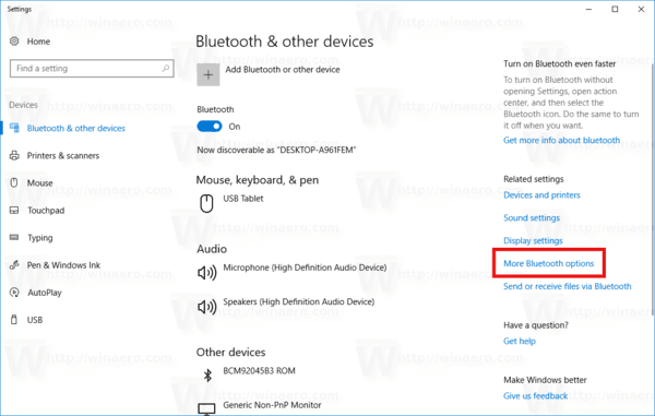 Посилання на додаткові параметри Bluetooth