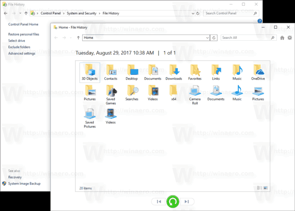 استعادة الملفات في محفوظات ملفات Windows 10