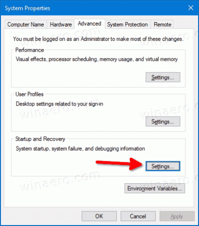 Windows 10 Systemegenskaper Avanserte innstillinger-knapp Oppstart og gjenoppretting