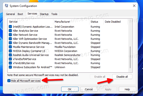 Windows 11 Clean Boot keelake kolmanda osapoole teenused