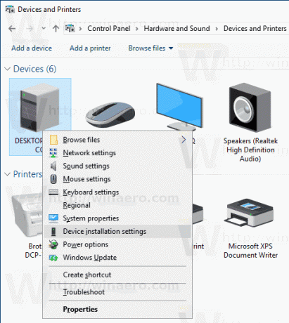 Configurações de instalação do dispositivo Windows 10