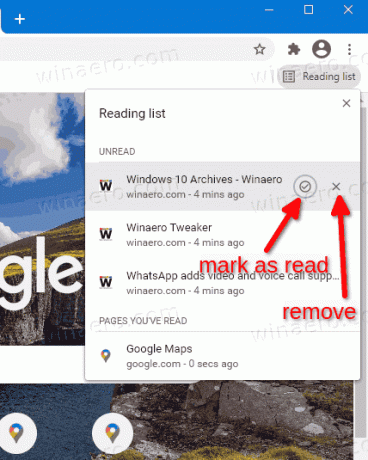 Lista de leitura do Google Chrome Marcar como lida ou remover item